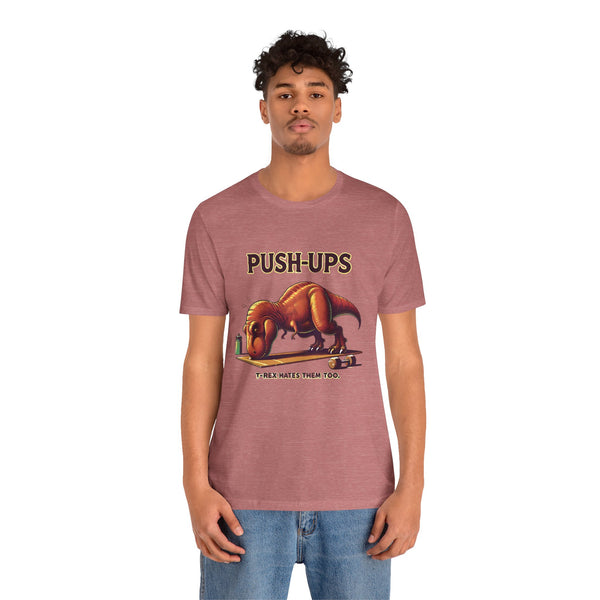 Rose T-shirt with dinosaur push-ups graphic and “PUSH-UPS” text at front