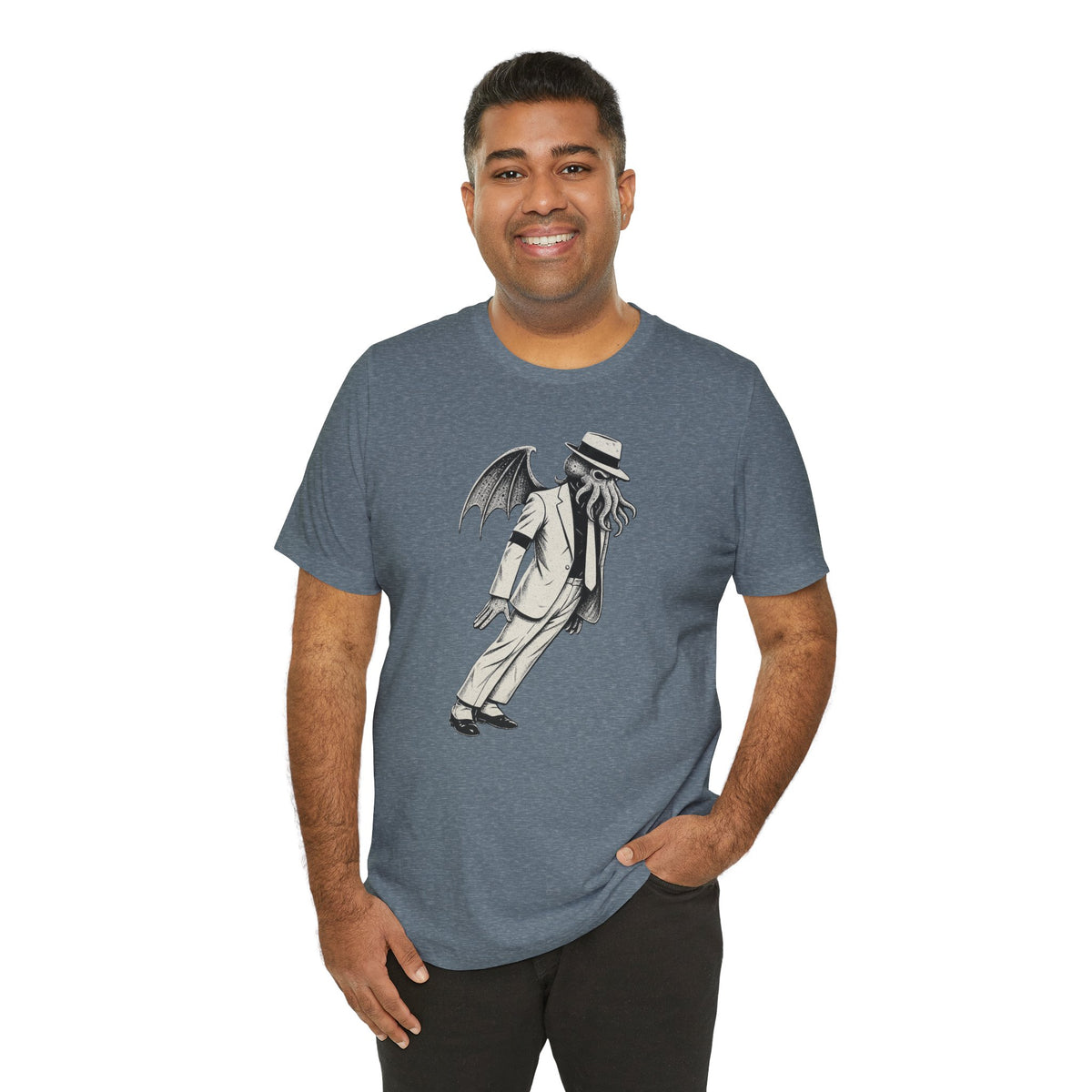 Heather slate unisex graphic t-shirt on male model, front view with skeleton bat print