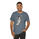 Heather slate unisex graphic t-shirt on male model, front view with skeleton bat print