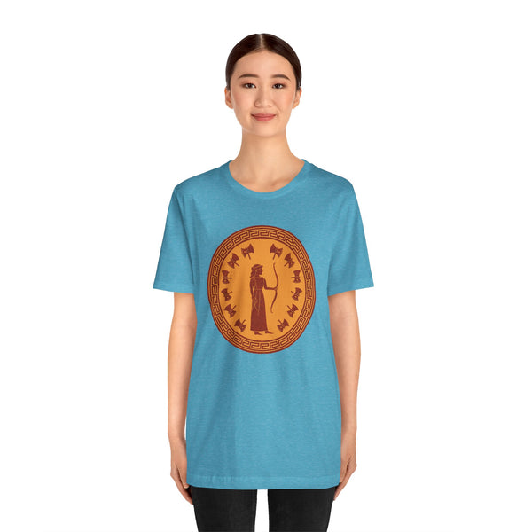 Sky blue crewneck T-shirt with large orange circular Greek-style goddess graphic