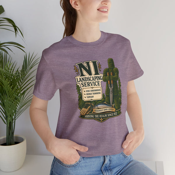 Purple heather crewneck T-shirt, NI landscaping service graphic on chest