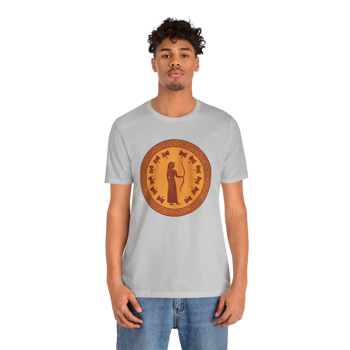 Heather gray crewneck T-shirt with orange round myth figure graphic, worn front view