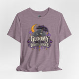 Heather mauve crew-neck graphic t-shirt with bat and 'Gloomy is a lifestyle choice' text