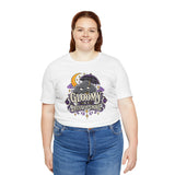 White unisex t-shirt with centered goth cat moon graphic, crew neck.