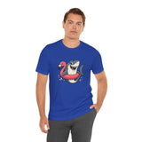 Blue crewneck t-shirt showing shark and flamingo float front graphic