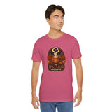 Magenta crewneck graphic T-shirt with pumpkin cauldron chest print
