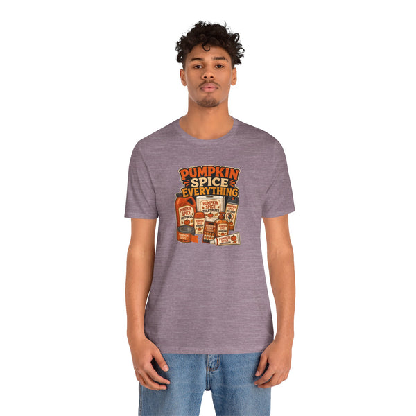 Heather mauve crewneck short-sleeve T-shirt with pumpkin spice everything graphic front.