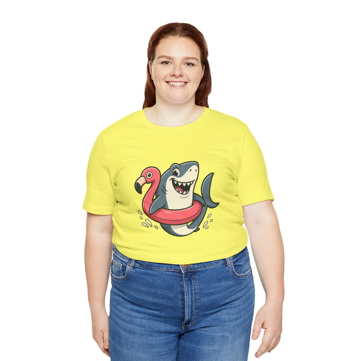 Lime yellow crewneck T-shirt with shark and flamingo float graphic, female model wearing