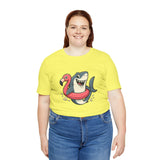 Lime yellow crewneck T-shirt with shark and flamingo float graphic, female model wearing