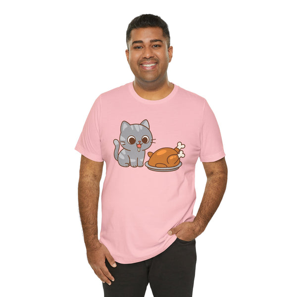 Pink crew-neck T-shirt with gray cat and brown roast graphic on chest.