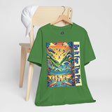 Green crew-neck T-shirt with colorful rectangular front graphic on hanger