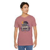 Dusty rose crewneck t-shirt with colorful cat graphic, short sleeves, front view