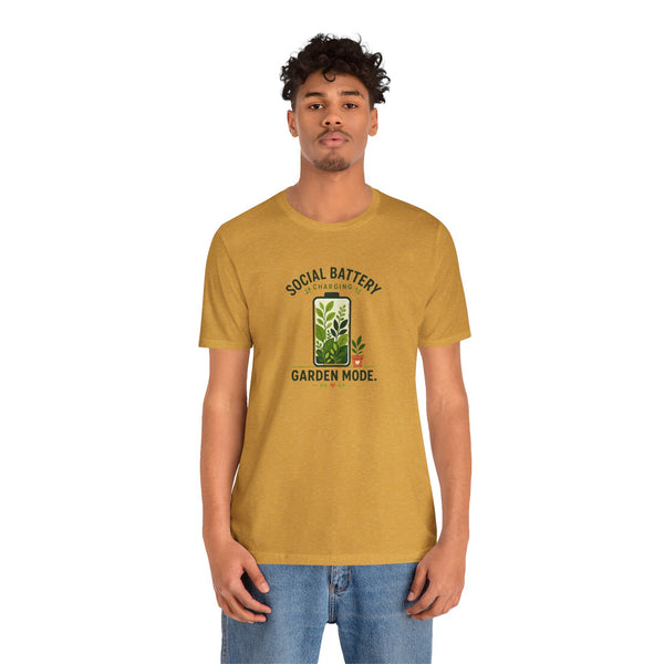 Mustard yellow crewneck T-shirt with front plant graphic and text “Social Battery”.