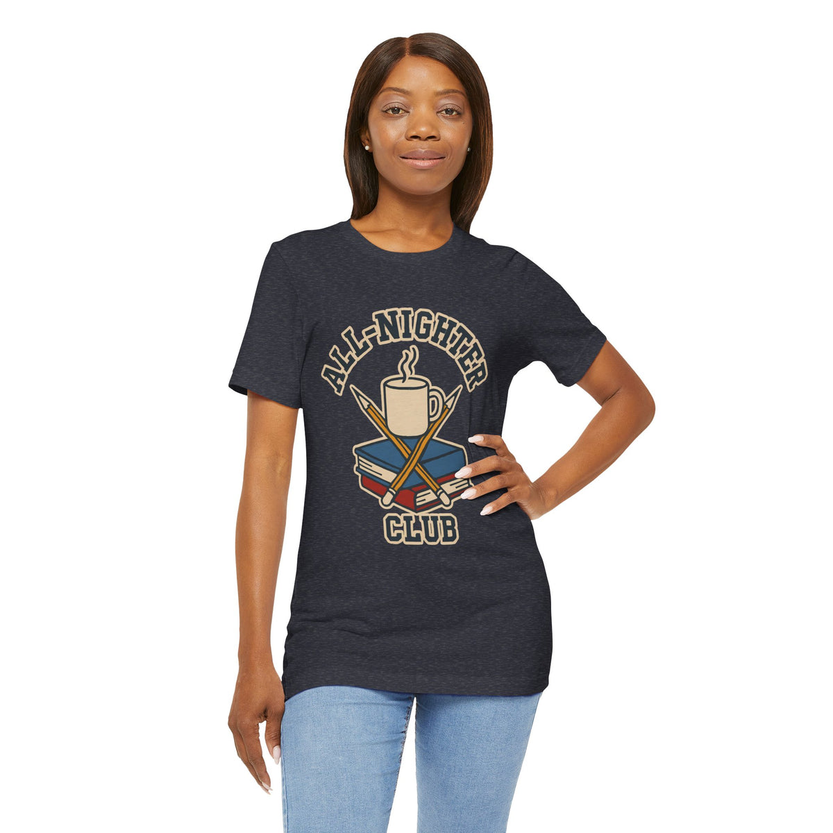 Dark heather crew-neck T-shirt on model with 'All-Nighter Club' coffee graphic.