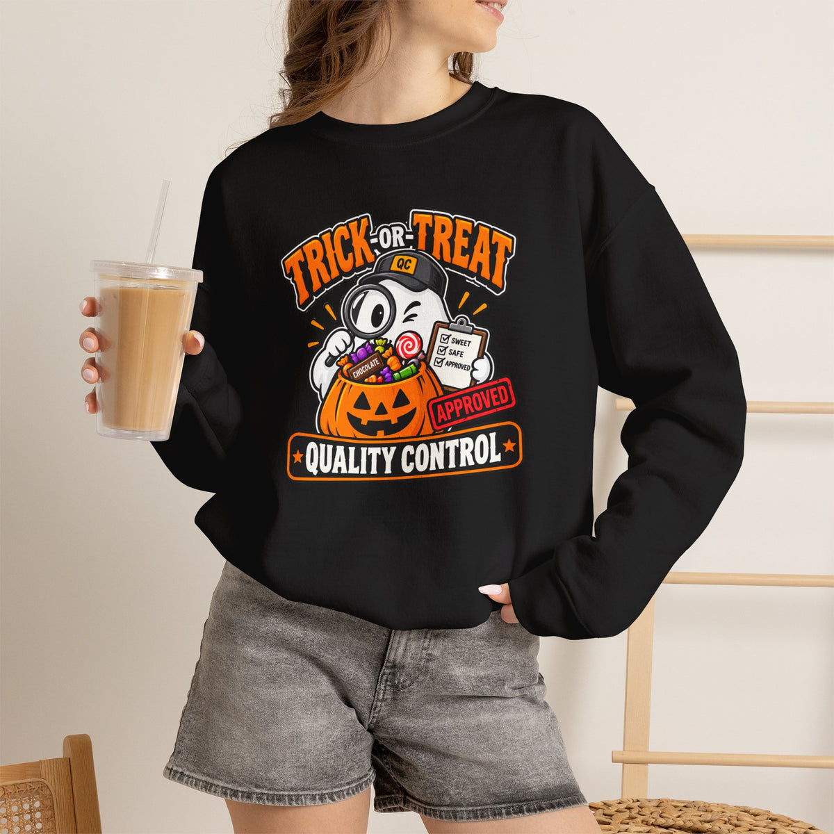 Trick-or-Treat Quality Control Sweatshirt – Funny Halloween Cozy Top