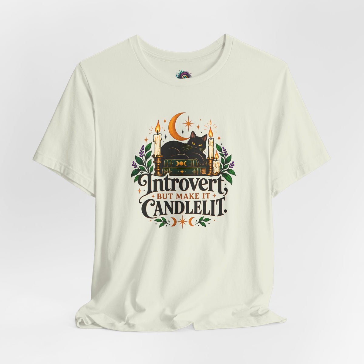 Introvert But Make It Candlelit T-shirt - Witchy Bookish Cat Tee