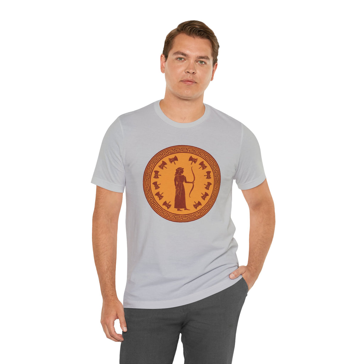 Heather gray crewneck T-shirt with orange circular emblem graphic on the front