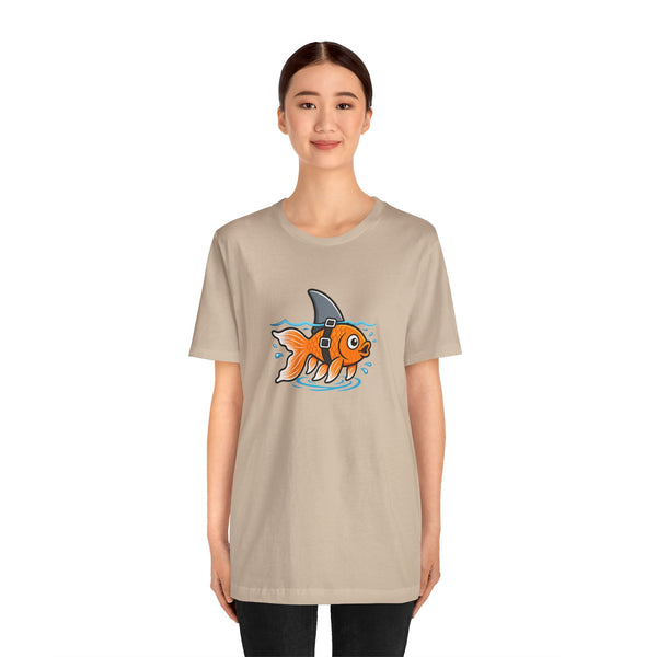 Beige crewneck T-shirt with orange fish-in-shark cartoon graphic on front