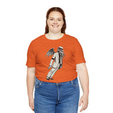 Orange crewneck T-shirt with bold character graphic, short sleeves