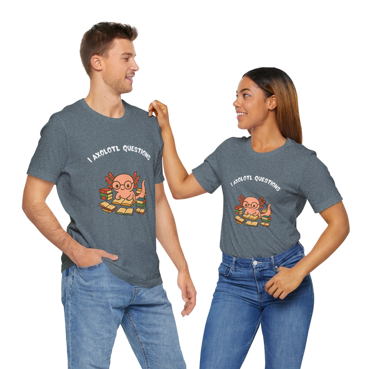 Heather blue-gray crew-neck T-shirt with axolotl reading-book graphic and 'I AXOLOTL QUESTIONS' text.
