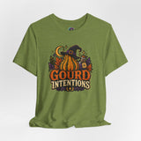 Olive green T-shirt with witch gourd graphic and crew neck