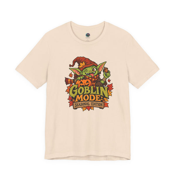 Soft cream crew-neck graphic t-shirt with goblin mascot and colorful 'Goblin Mode' print