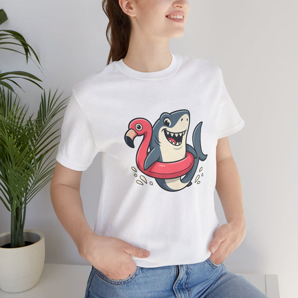 White crew-neck T-shirt with cartoon shark riding a flamingo float graphic