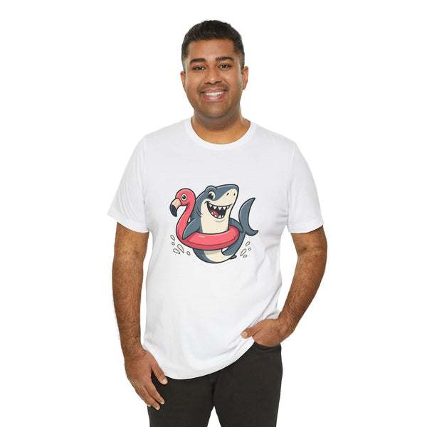 White crew-neck T-shirt with shark-and-flamingo float graphic on the front