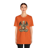 Orange unisex crewneck t-shirt worn by model, meditating Cthulhu front graphic