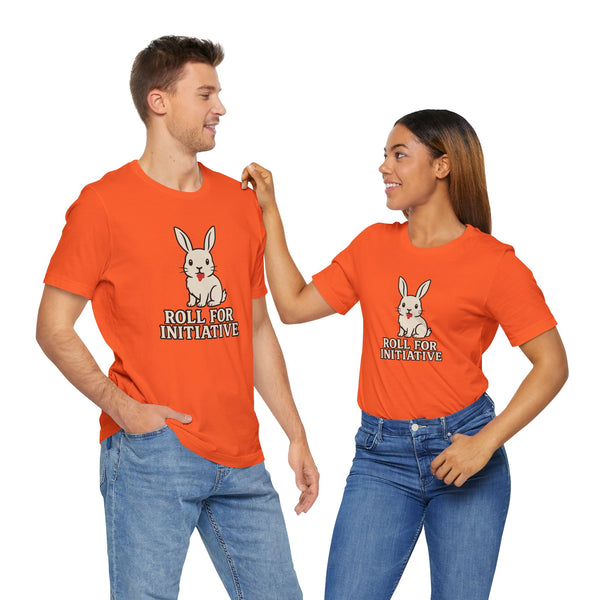 Two people wearing orange crew-neck t-shirts with rabbit graphic and “Roll for Initiative”