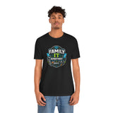 Black crewneck T-shirt with “Family IT Department” chest graphic