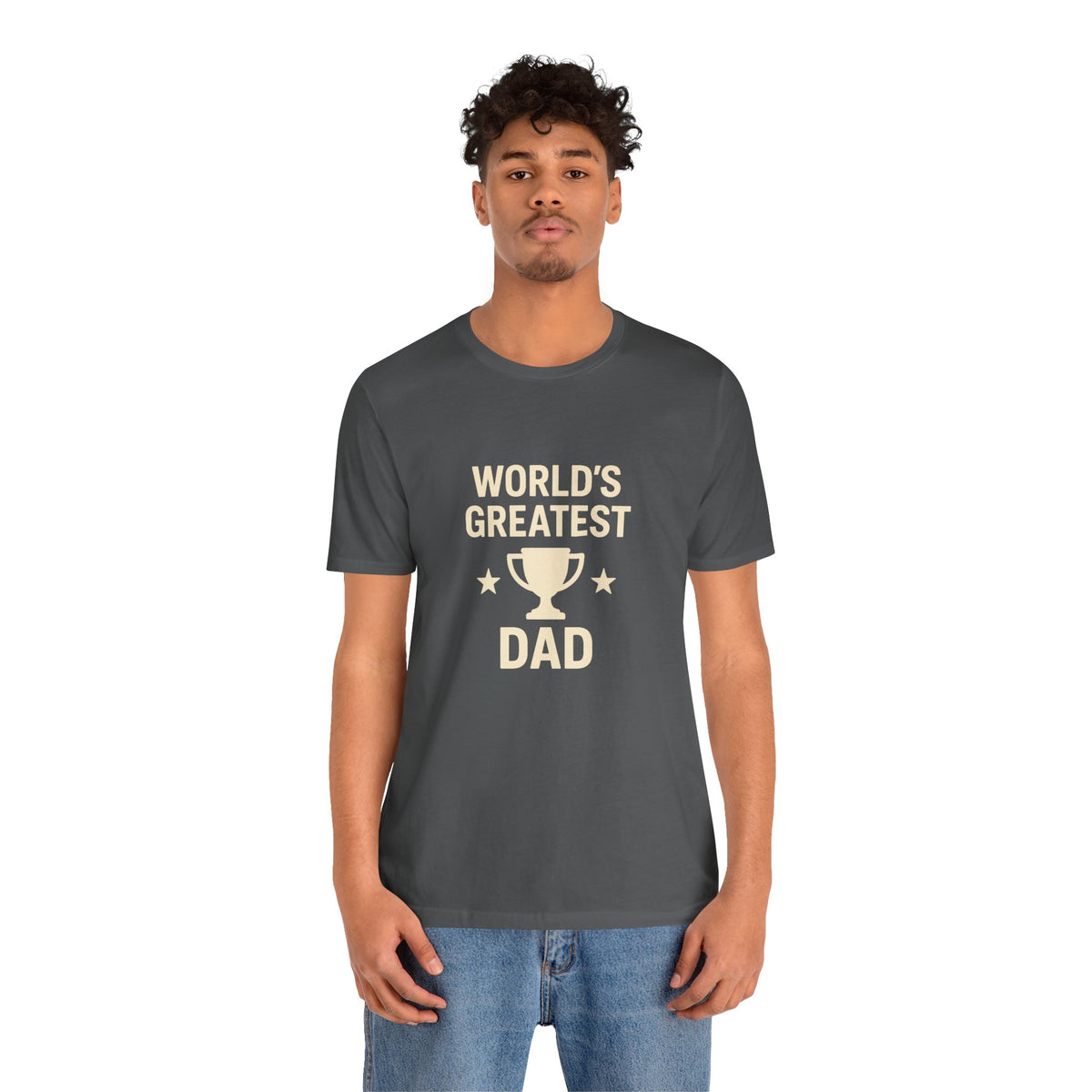 Dark gray T-shirt on model with 'World's Greatest Dad' trophy graphic
