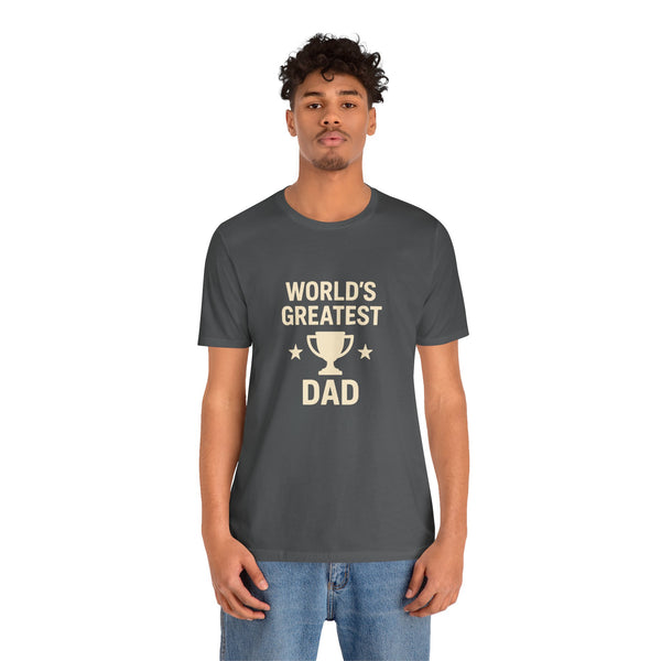 Dark gray T-shirt on model with 'World's Greatest Dad' trophy graphic