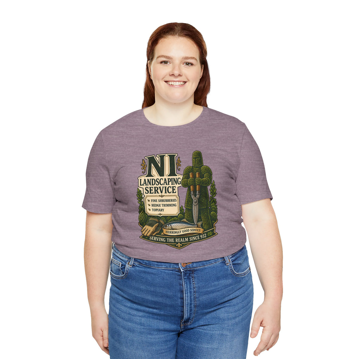 Purple heather crewneck T-shirt with NI landscaping service front graphic