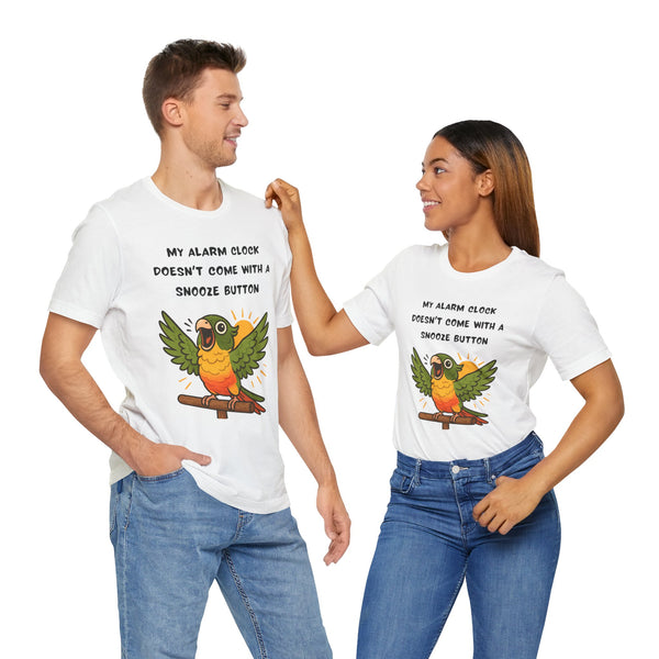 White parrot alarm clock T-shirts on two people, conure and 'Snooze button' text