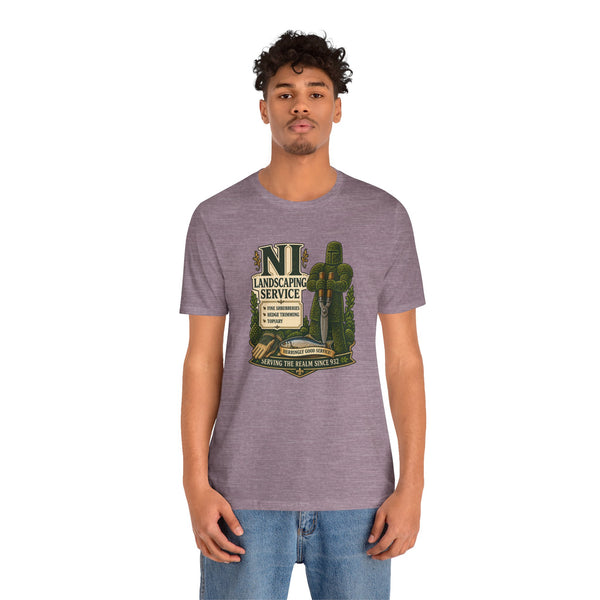 Purple heather crewneck T-shirt, centered NI landscaping service graphic