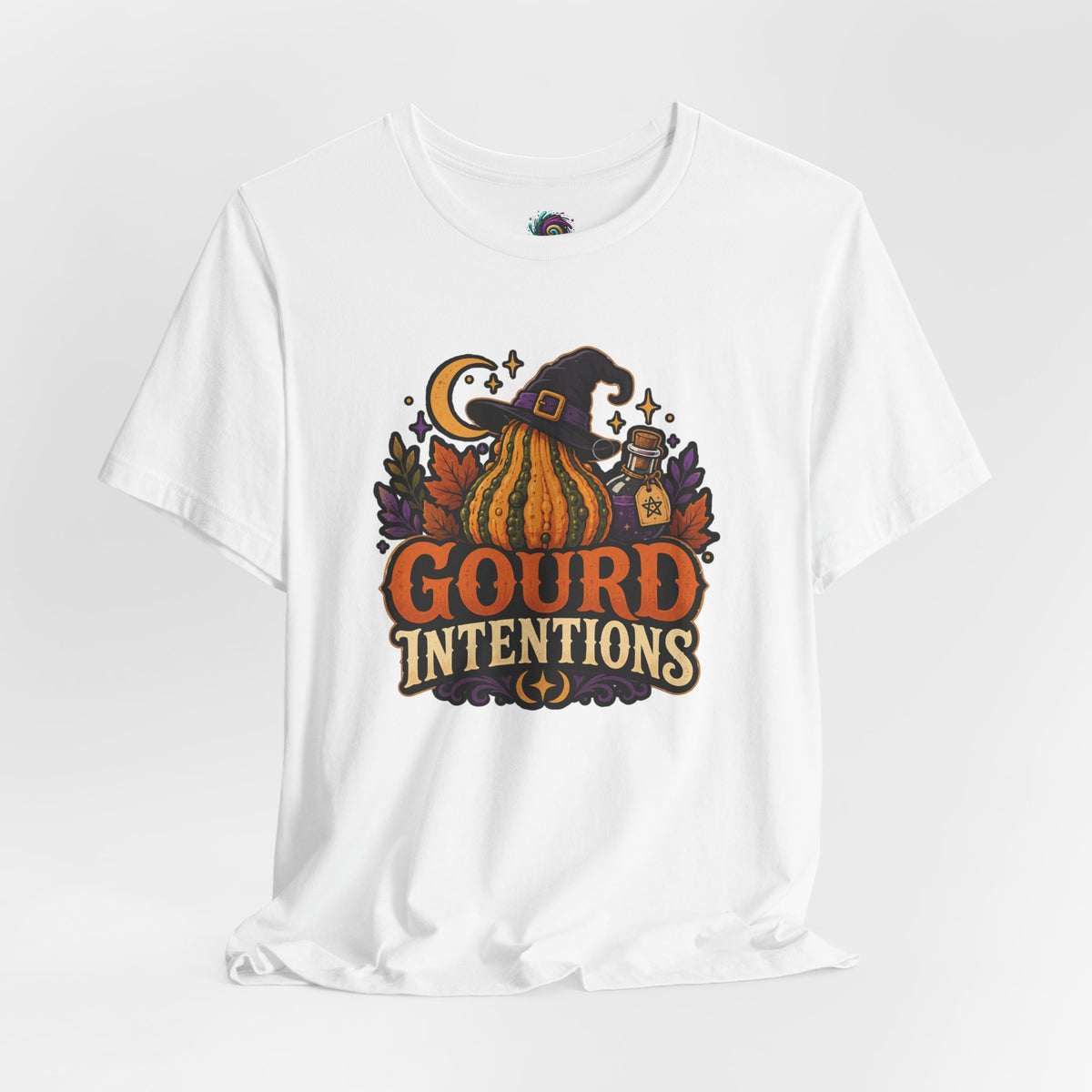 White t-shirt with witch hat pumpkin graphic on the chest