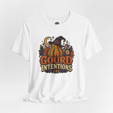 White t-shirt with witch hat pumpkin graphic on the chest