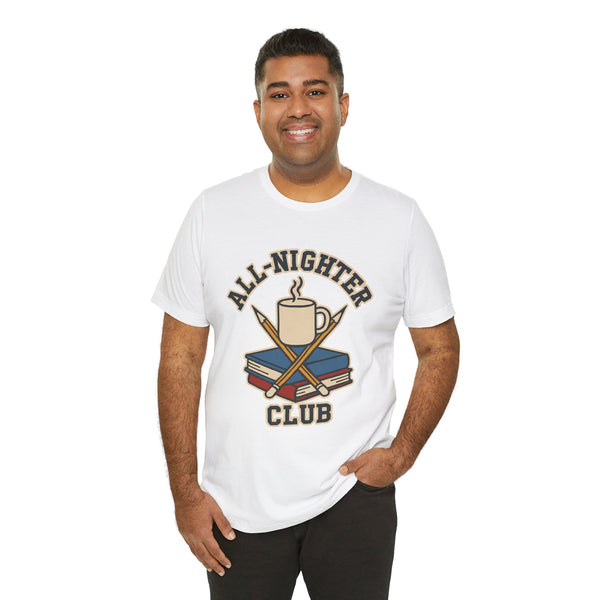 White crew-neck t-shirt with “All-Nighter Club” coffee and books emblem on chest