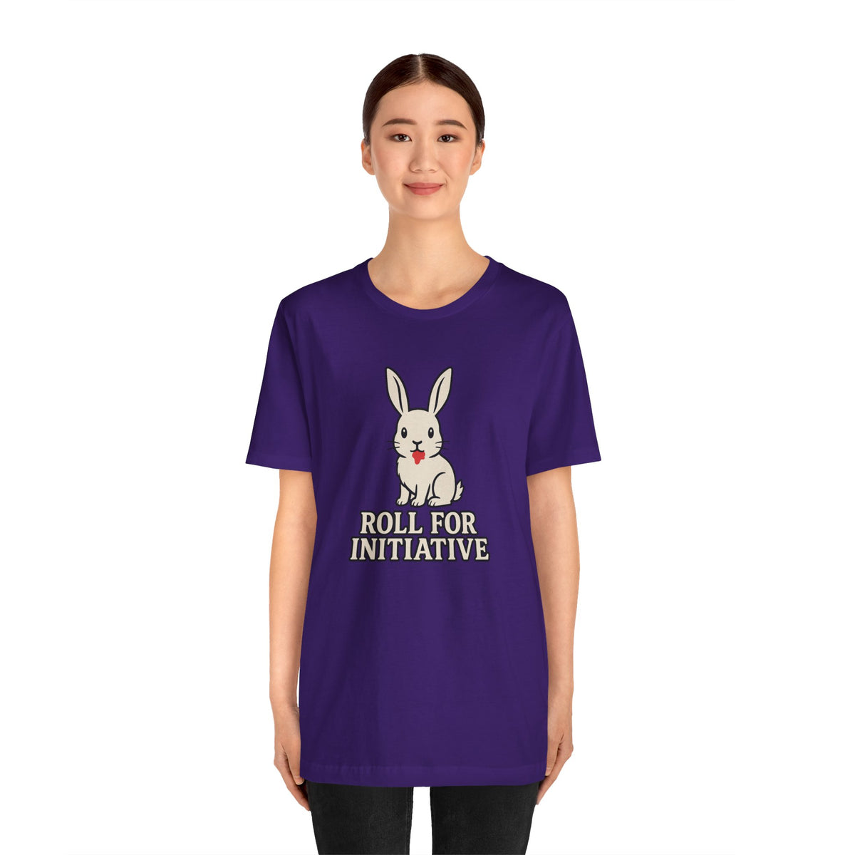 Purple T-shirt, front view, bunny graphic above “Roll for Initiative” text
