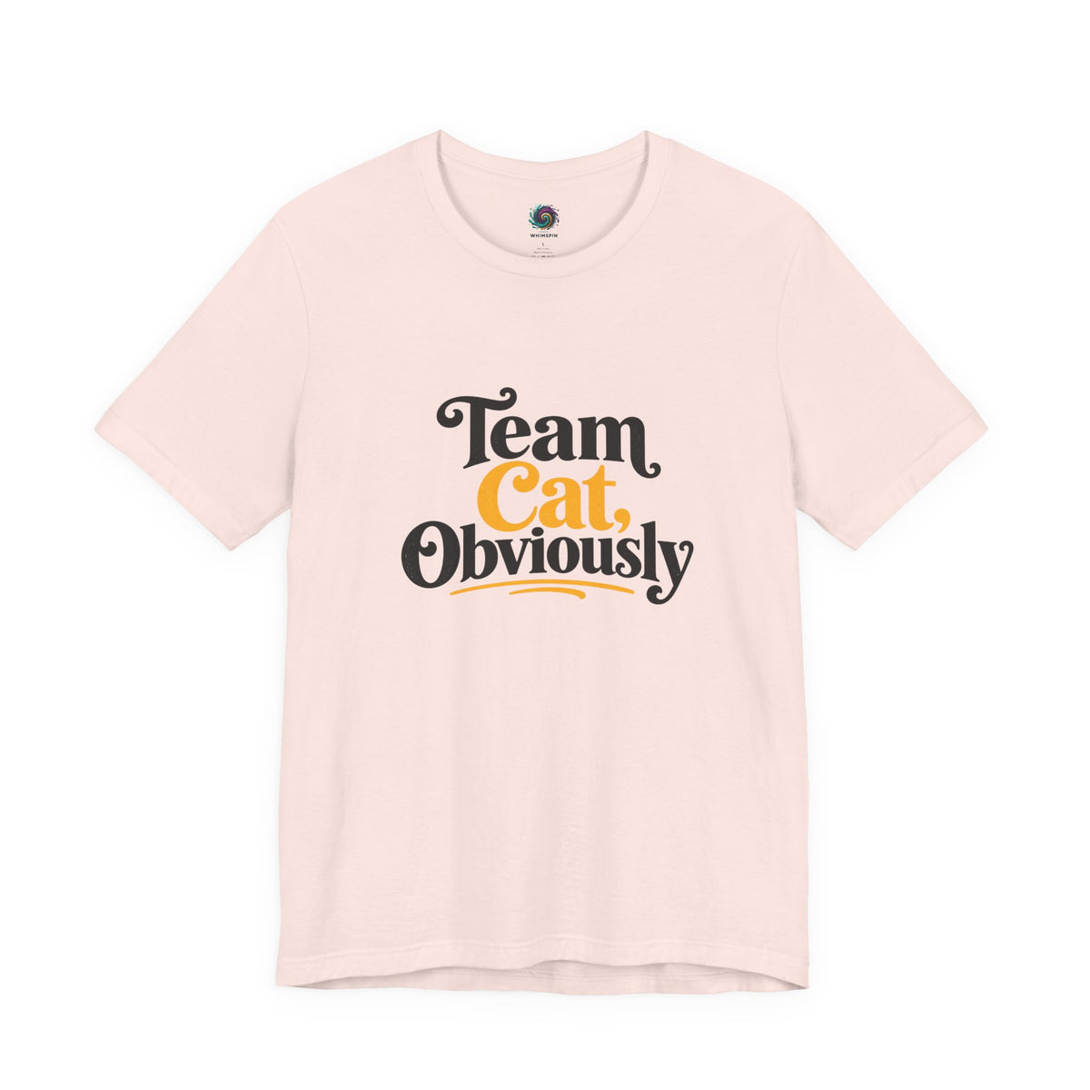 Soft pink crewneck T-shirt with 'Team Cat, Obviously' lettering graphic