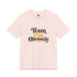 Soft pink crewneck T-shirt with 'Team Cat, Obviously' lettering graphic