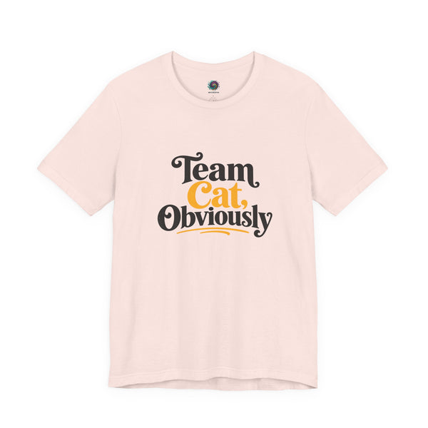 Soft pink crewneck T-shirt with 'Team Cat, Obviously' lettering graphic