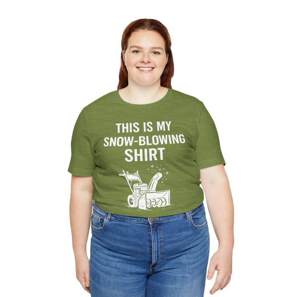Green crew-neck graphic T-shirt with snow-blowing text and snowblower icon, front view