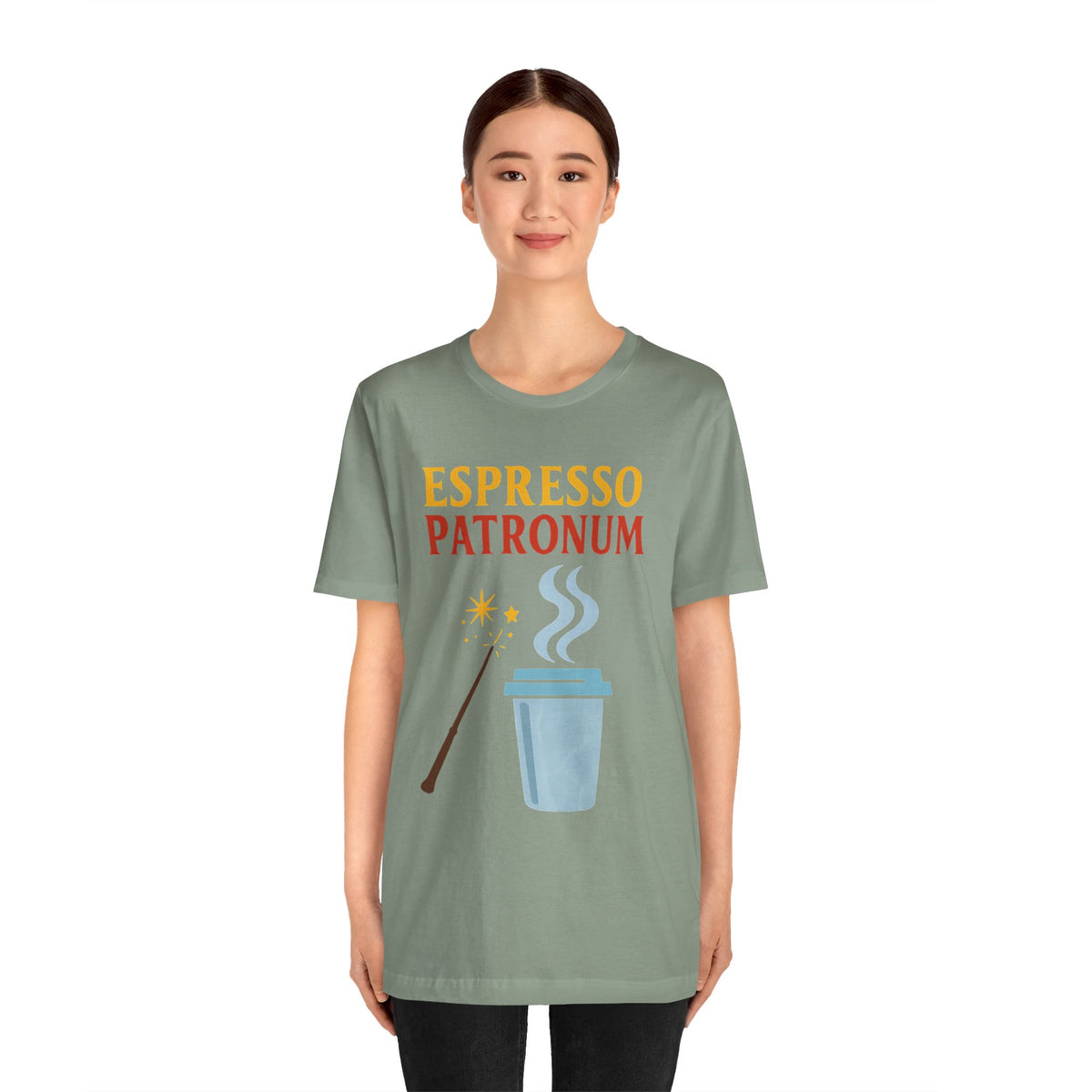 Sage green short-sleeve crewneck T-shirt with “Espresso Patronum” text and steaming cup