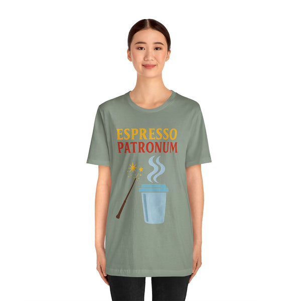 Sage green short-sleeve crewneck T-shirt with “Espresso Patronum” text and steaming cup