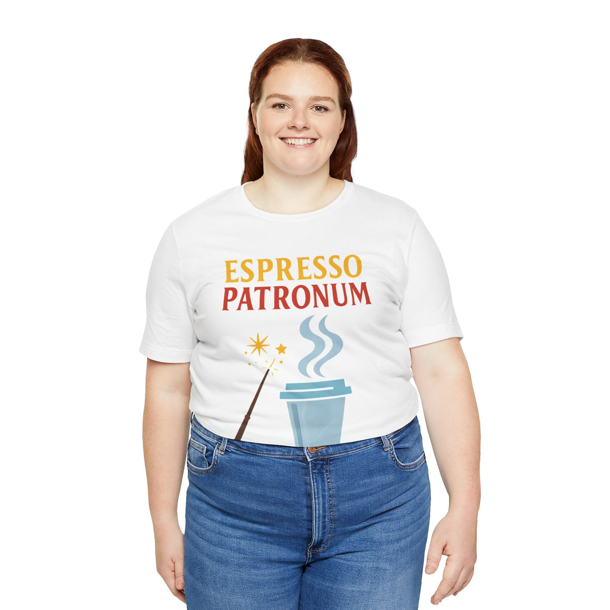 White crew-neck T-shirt with espresso graphic, short sleeves