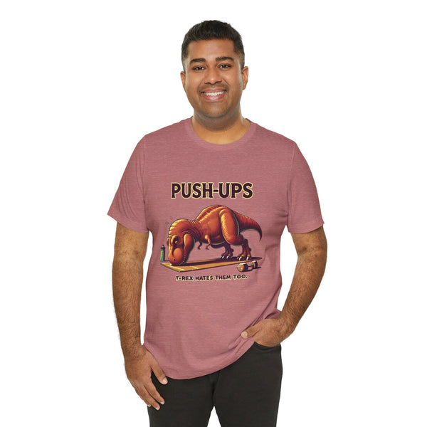 Rose T-shirt with dinosaur push-ups illustration and text printed on front