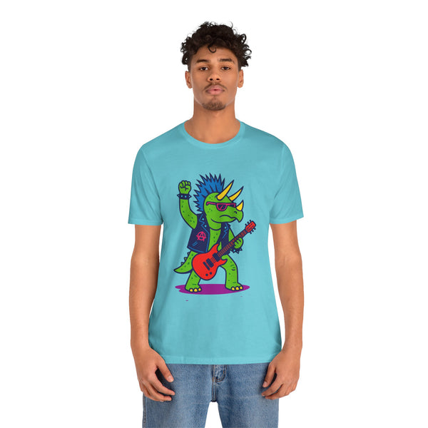 Turquoise crew-neck graphic t-shirt featuring punk triceratops holding red electric guitar