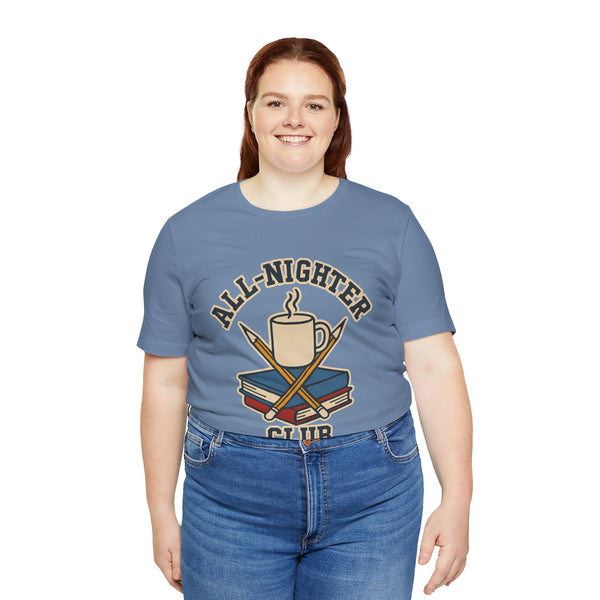 Blue crew-neck T-shirt featuring “All-Nighter Club” coffee-and-books graphic